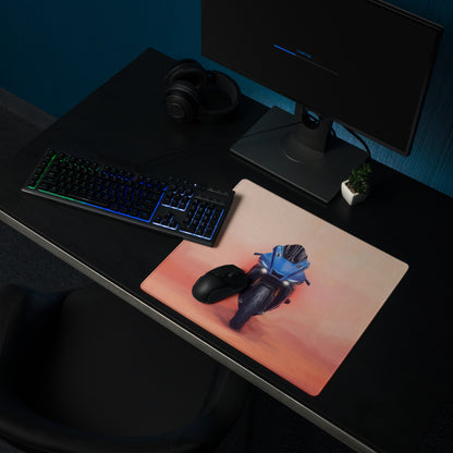 Yamaha r1 inspired extra large mouse pad with blue motorcycle graphic and gradient orange pink sunset background