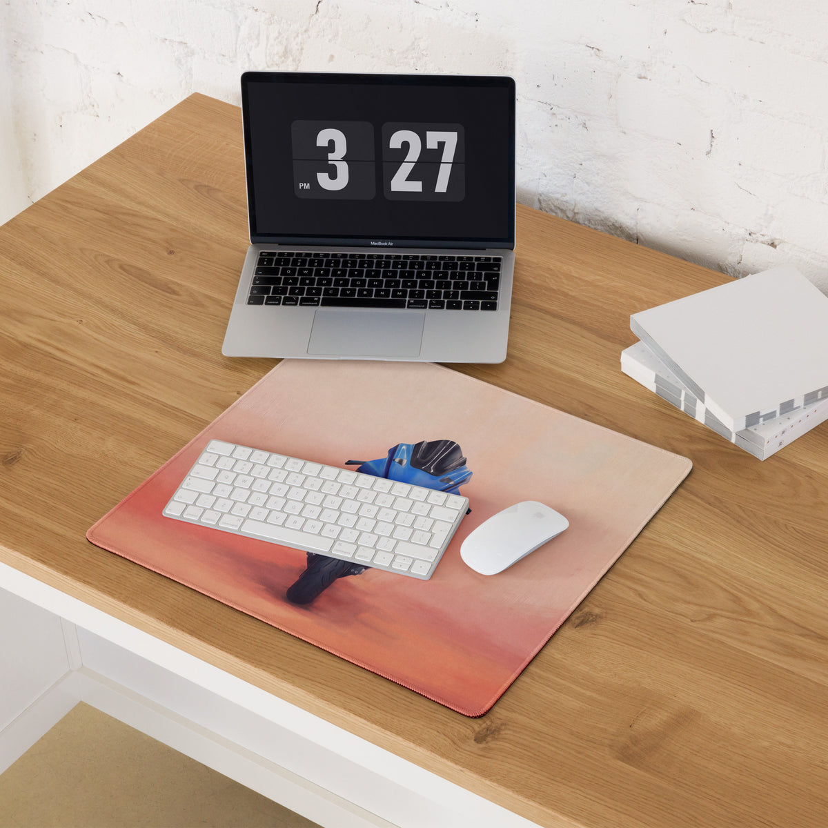 Yamaha R1 inspired extra large rectangular mousepad with a blue and black bird on orange gradient for pc setup