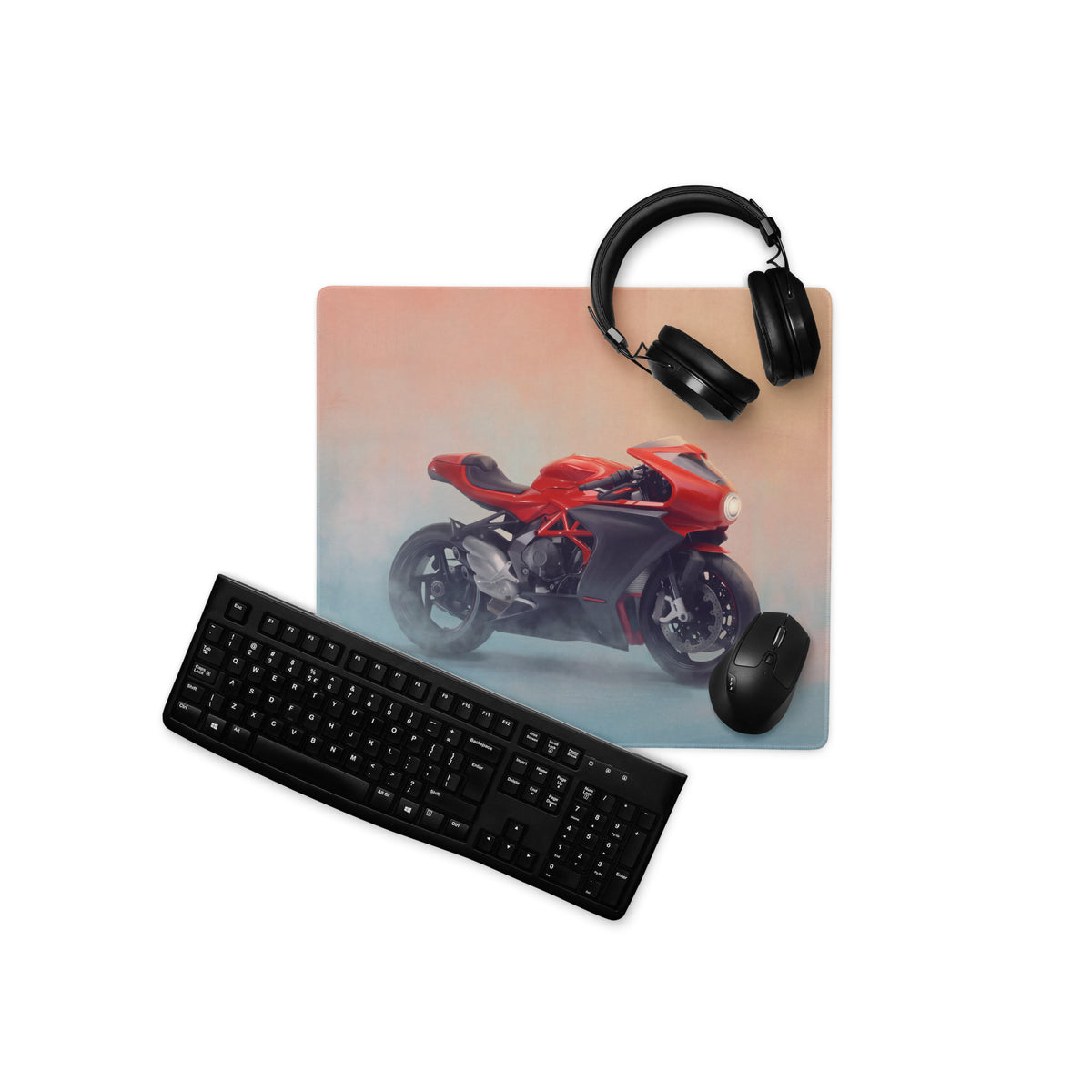 Mv agusta superveloce inspired extended desk mat featuring red and black motorcycle graphic on a gaming mouse pad
