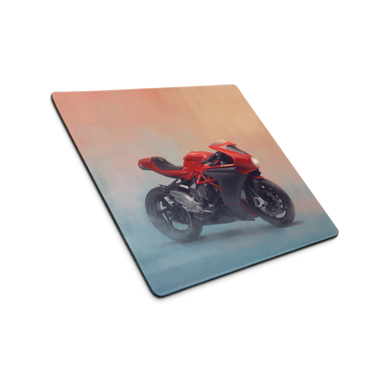 Red and black ducati motorcycle graphic printed on a square mousepad for mv agusta superveloce inspired gaming desk mat