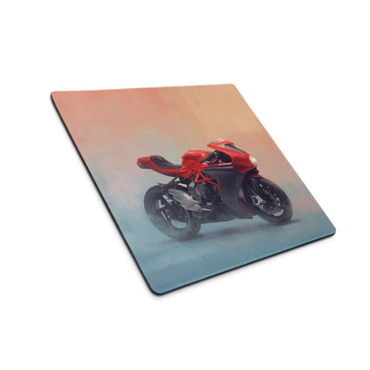Red and black ducati motorcycle graphic printed on a square mousepad for mv agusta superveloce inspired gaming desk mat
