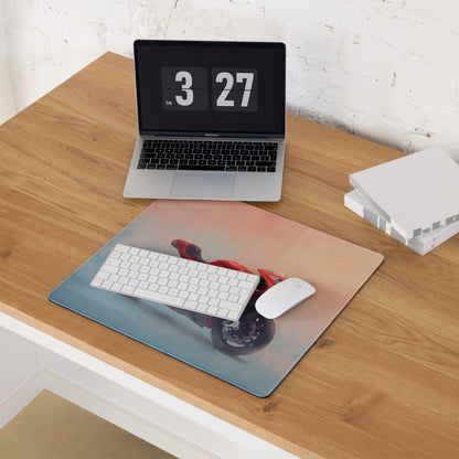 Rectangular MV Agusta Superveloce inspired extended desk mat featuring a red motorcycle on a gradient background
