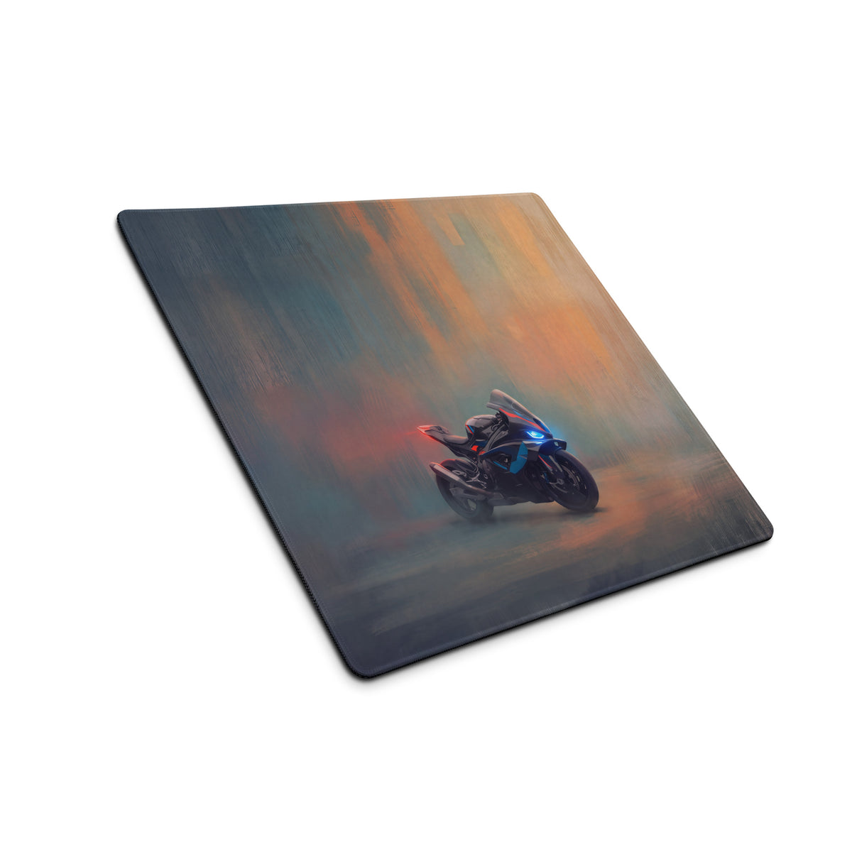 Bmw m1000rr inspired oversized gaming mousepad with stitched edges features a sleek black motorcycle and orange gray sky design