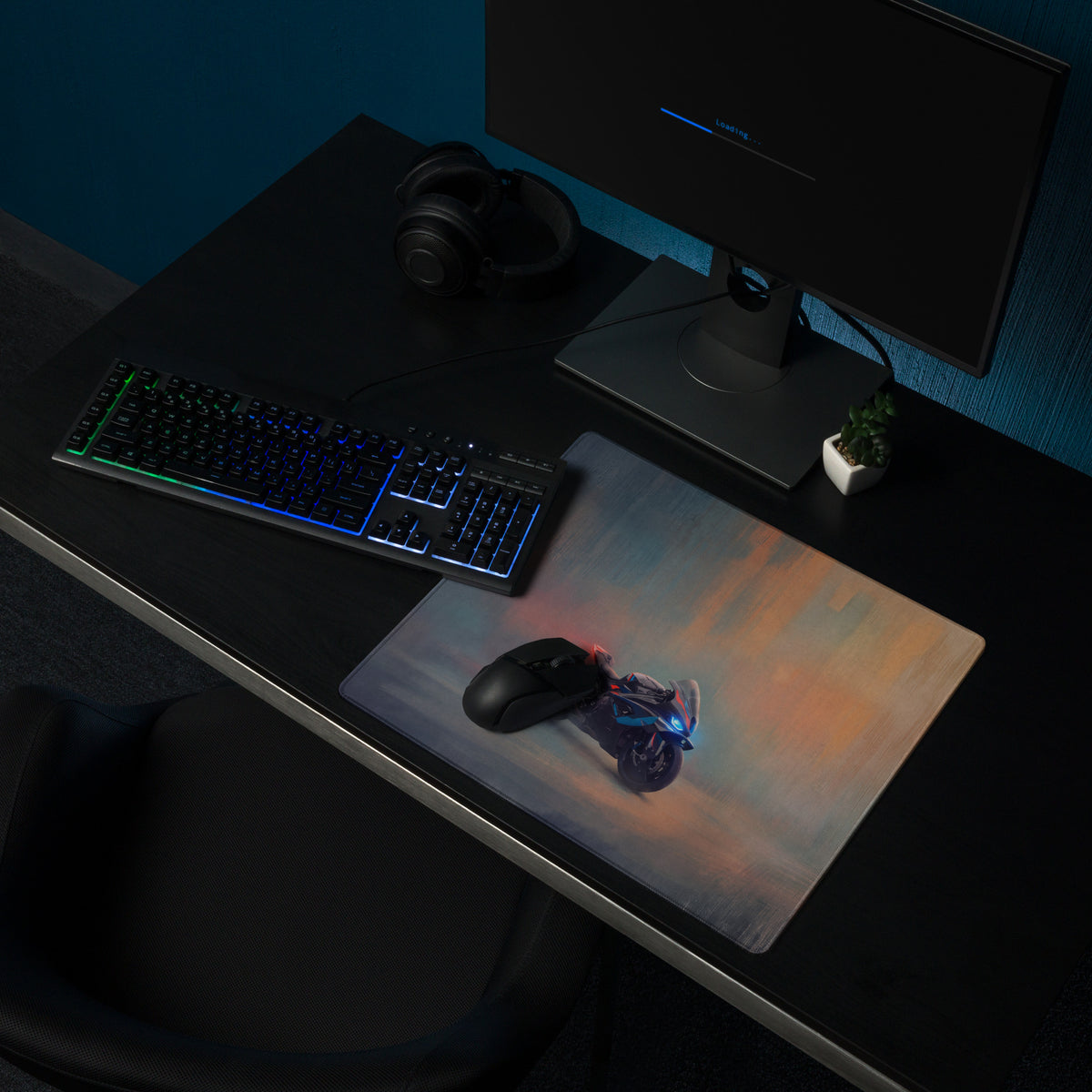 Bmw m1000rr inspired oversized gaming mousepad with stitched edges featuring a futuristic motorcycle graphic in blue
