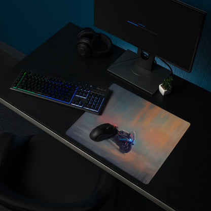 Bmw m1000rr inspired oversized gaming mousepad with stitched edges featuring a futuristic motorcycle graphic in blue