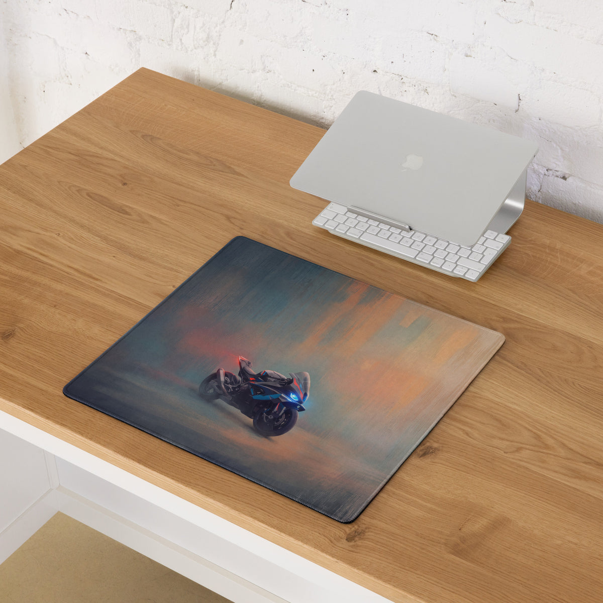 Rectangular gaming mousepad featuring a bmw m1000rr inspired motorcycle with glowing blue and red lights on a smoky background