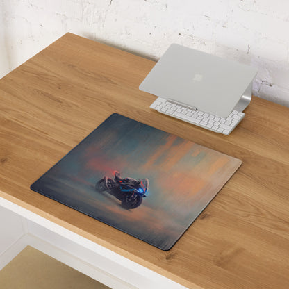 Rectangular gaming mousepad featuring a bmw m1000rr inspired motorcycle with glowing blue and red lights on a smoky background