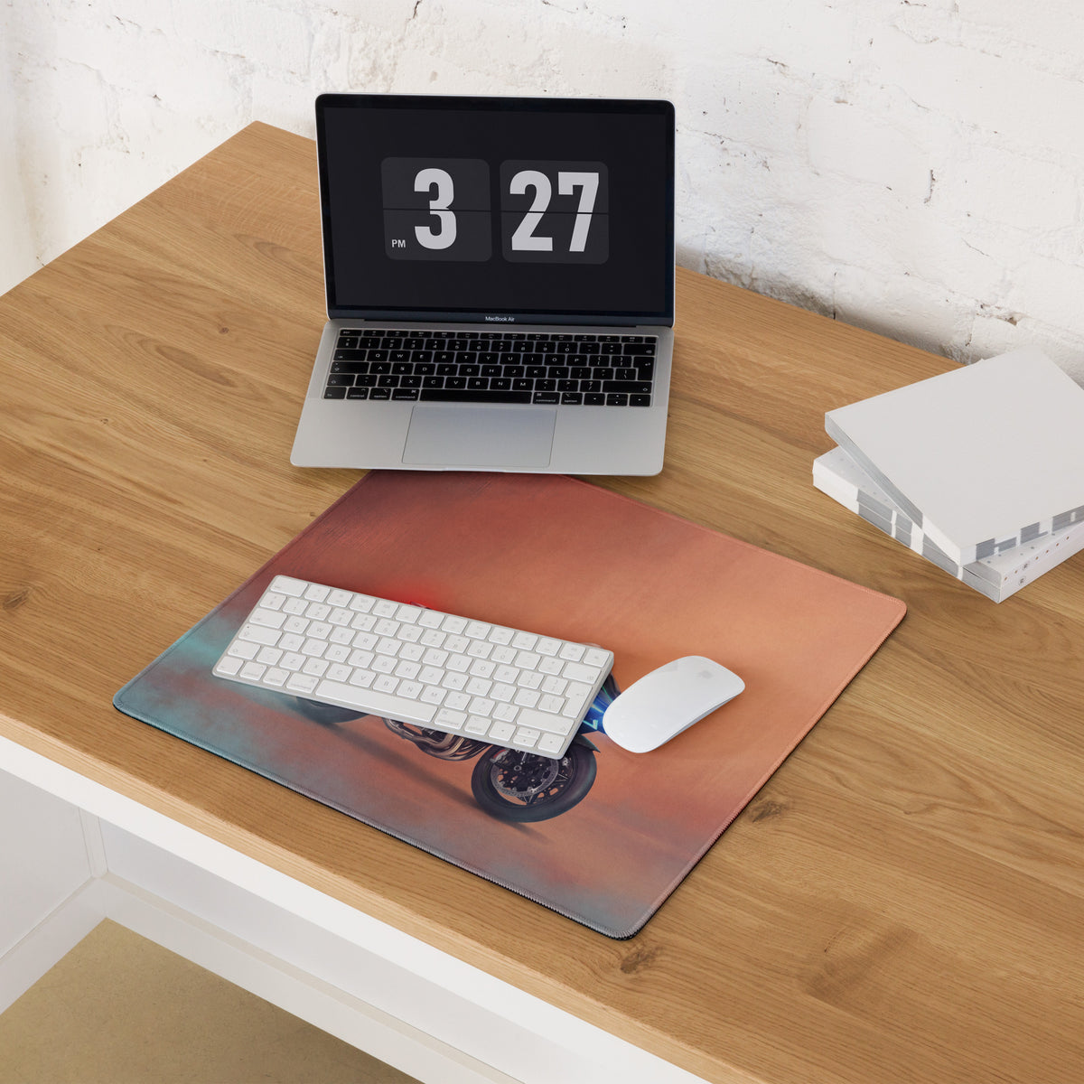 Rectangular kawasaki ninja h2 inspired extra large desk pad with motorcycle graphic on orange and blue gradient background