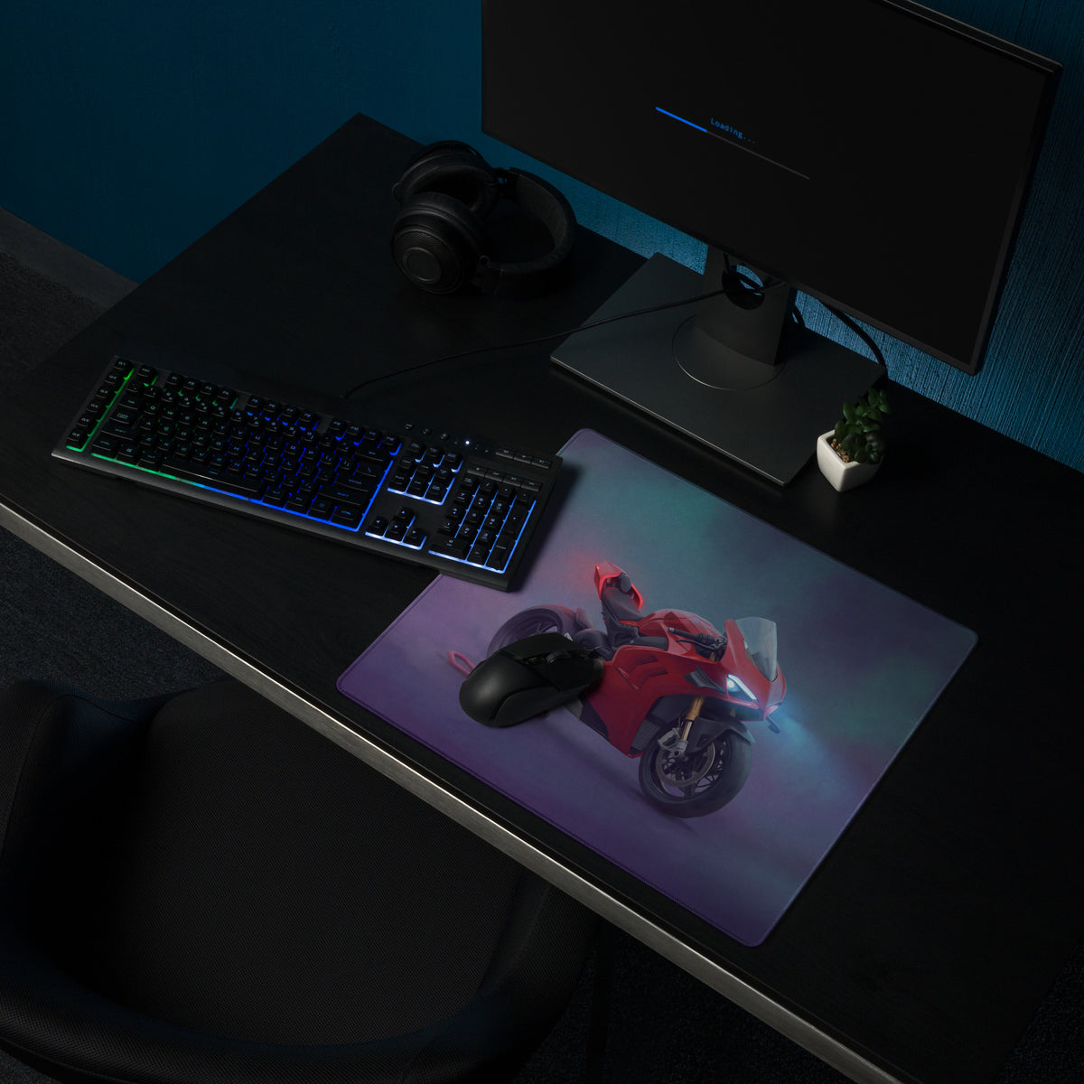 Red ducati panigale v4s inspired extended gaming mousepad with glowing headlights and sleek glossy finish