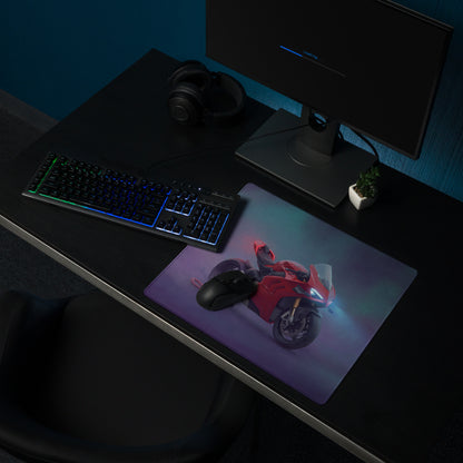 Red ducati panigale v4s inspired extended gaming mousepad with glowing headlights and sleek glossy finish