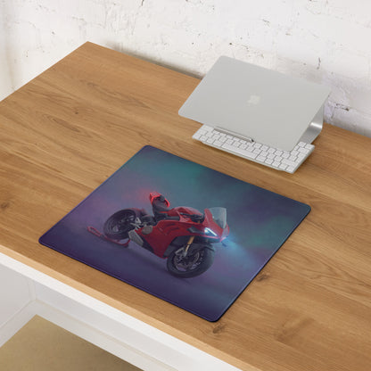 Red ducati panigale v4s inspired graphic printed on a large dark blue extended gaming mousepad for pc setup
