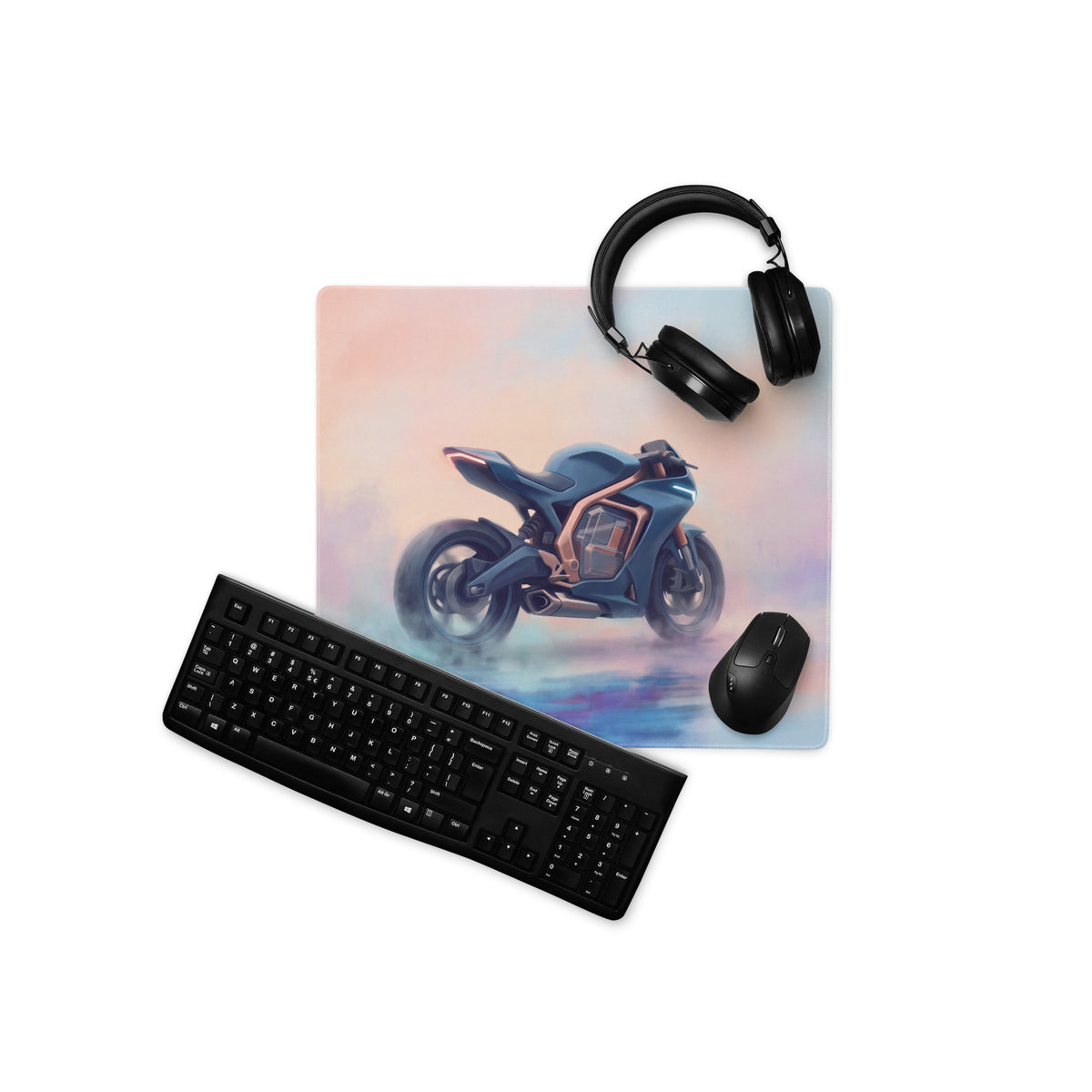 Blue and copper graphic motorcycle desk pad made of extended material for gamers and office decor