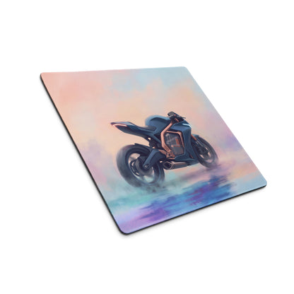 Concept motorcycle extended desk pad with sleek dark blue and copper motorcycle illustration on soft-touch surface
