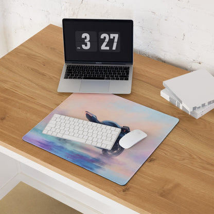 Concept motorcycle extended desk pad with soft pastel blue and purple gradient featuring detailed motorcycle graphic