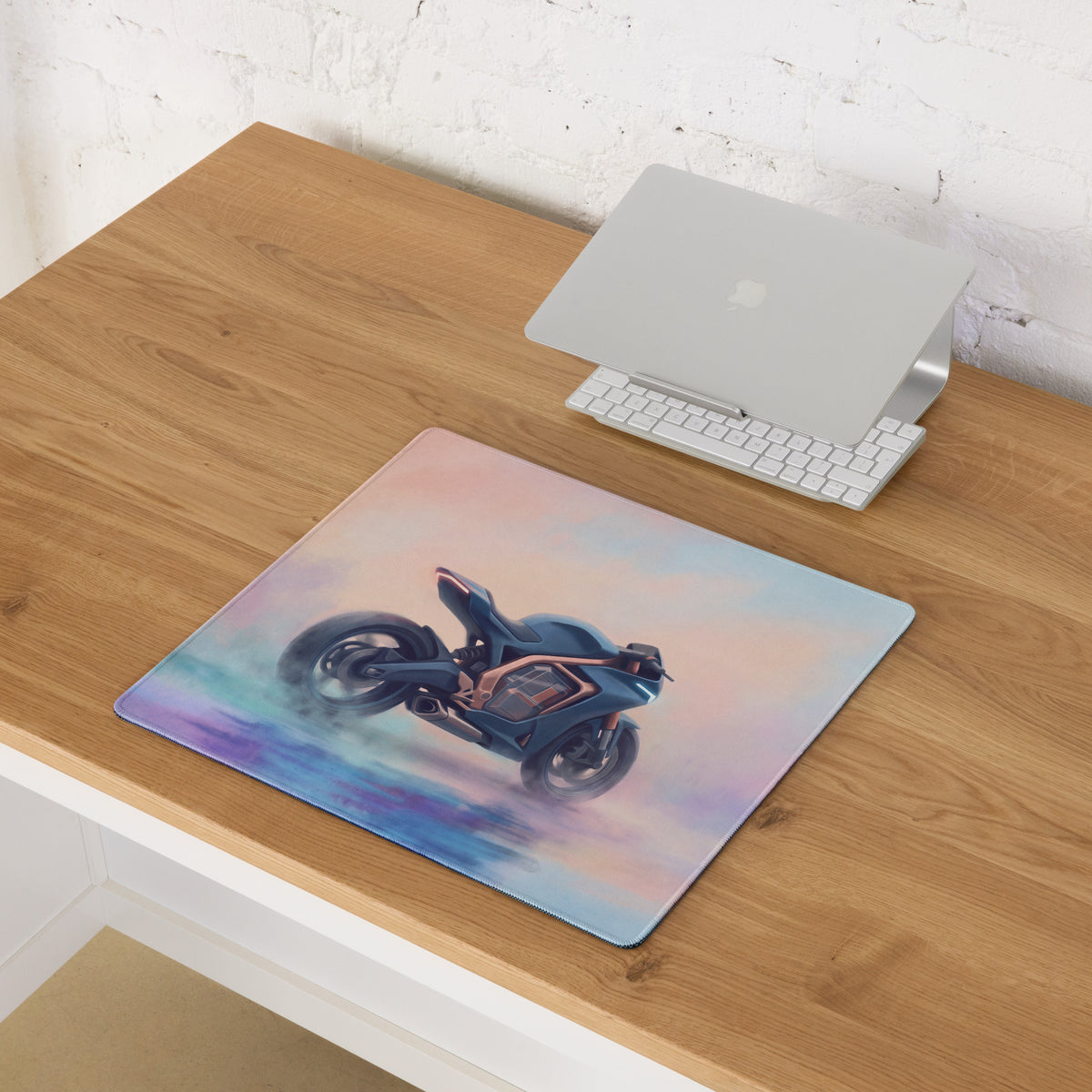 Rectangular mousepad with vibrant blue and copper futuristic motorcycle illustration for gamer gift and office decor