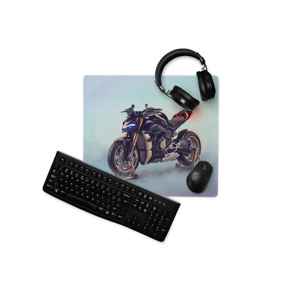 Black and gold ducati streetfighter v4 inspired extended desk mat with detailed sportbike illustration and smooth tracking surface