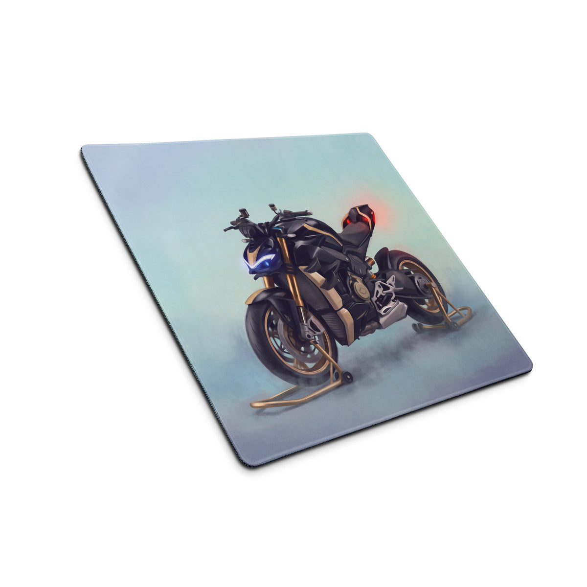 Black and gold Ducati Streetfighter V4 inspired extended desk mat with glowing blue headlights and red taillight accents