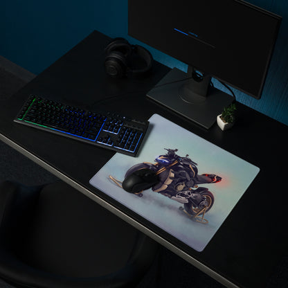 A sleek rectangular ducati streetfighter v4 inspired gaming mousepad with black gold motorcycle and blue glowing headlights