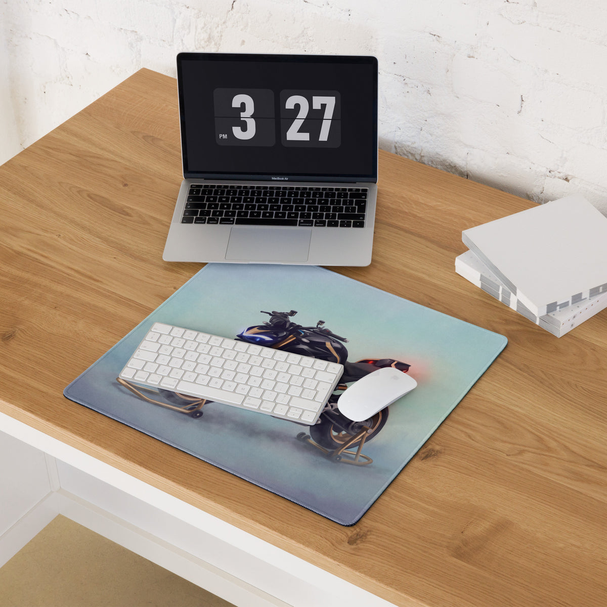 Blue motorcycle-themed extended desk mat with glossy finish and black sport bike print for smooth tracking office use