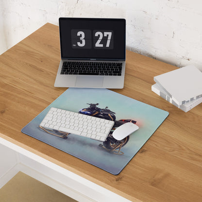 Blue motorcycle-themed extended desk mat with glossy finish and black sport bike print for smooth tracking office use