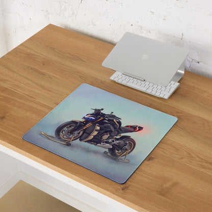 Rectangular Ducati Streetfighter V4 inspired desk mat with black and gold motorcycle illustration on smooth tracking surface