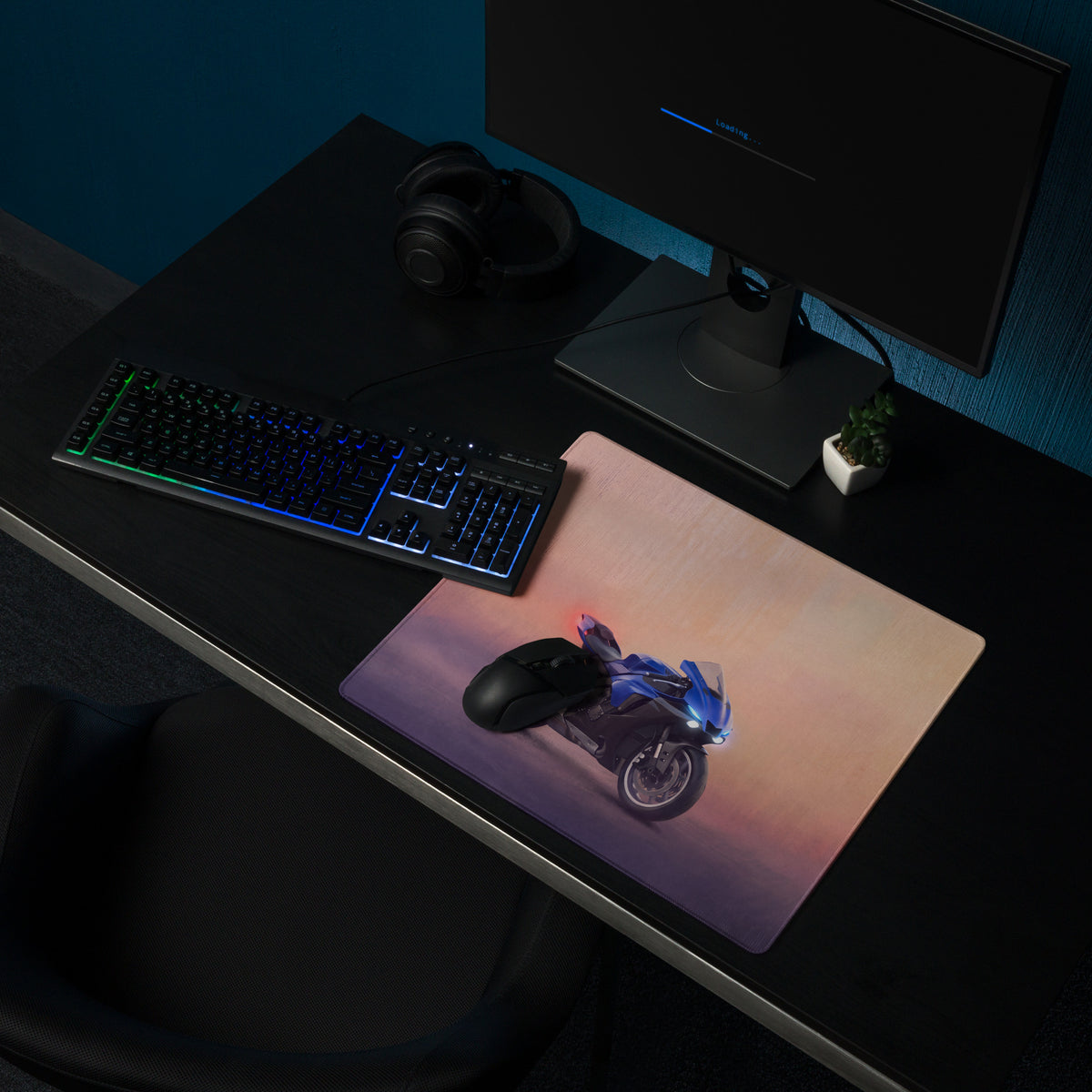 Blue motorcycle graphic mousepad with sleek glossy finish and vibrant gradient background for racing bike gamers