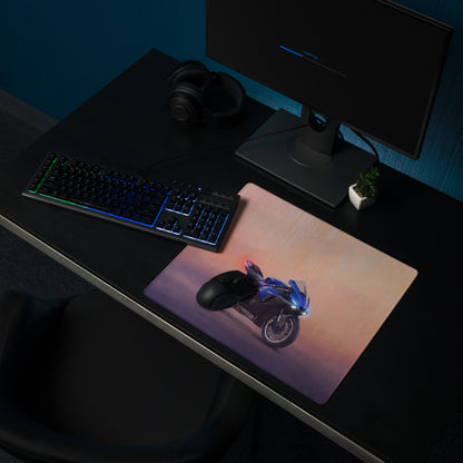 Blue motorcycle graphic mousepad with sleek glossy finish and vibrant gradient background for racing bike gamers