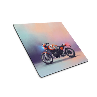 Bwm r ninet inspired large mouse pad with vibrant orange and white motorcycle illustration and smooth stitched edges