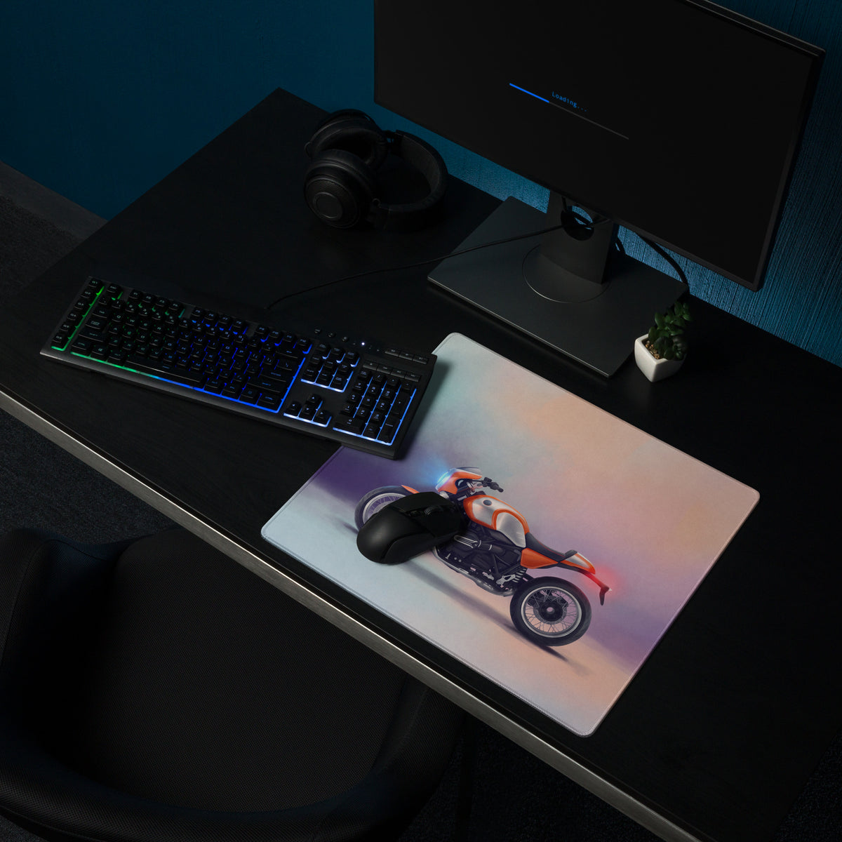 Rectangular BMW R NineT inspired mouse pad with vibrant orange and black motorcycle graphic and smooth stitched edges