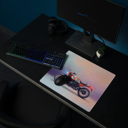 Rectangular BMW R NineT inspired mouse pad with vibrant orange and black motorcycle graphic and smooth stitched edges