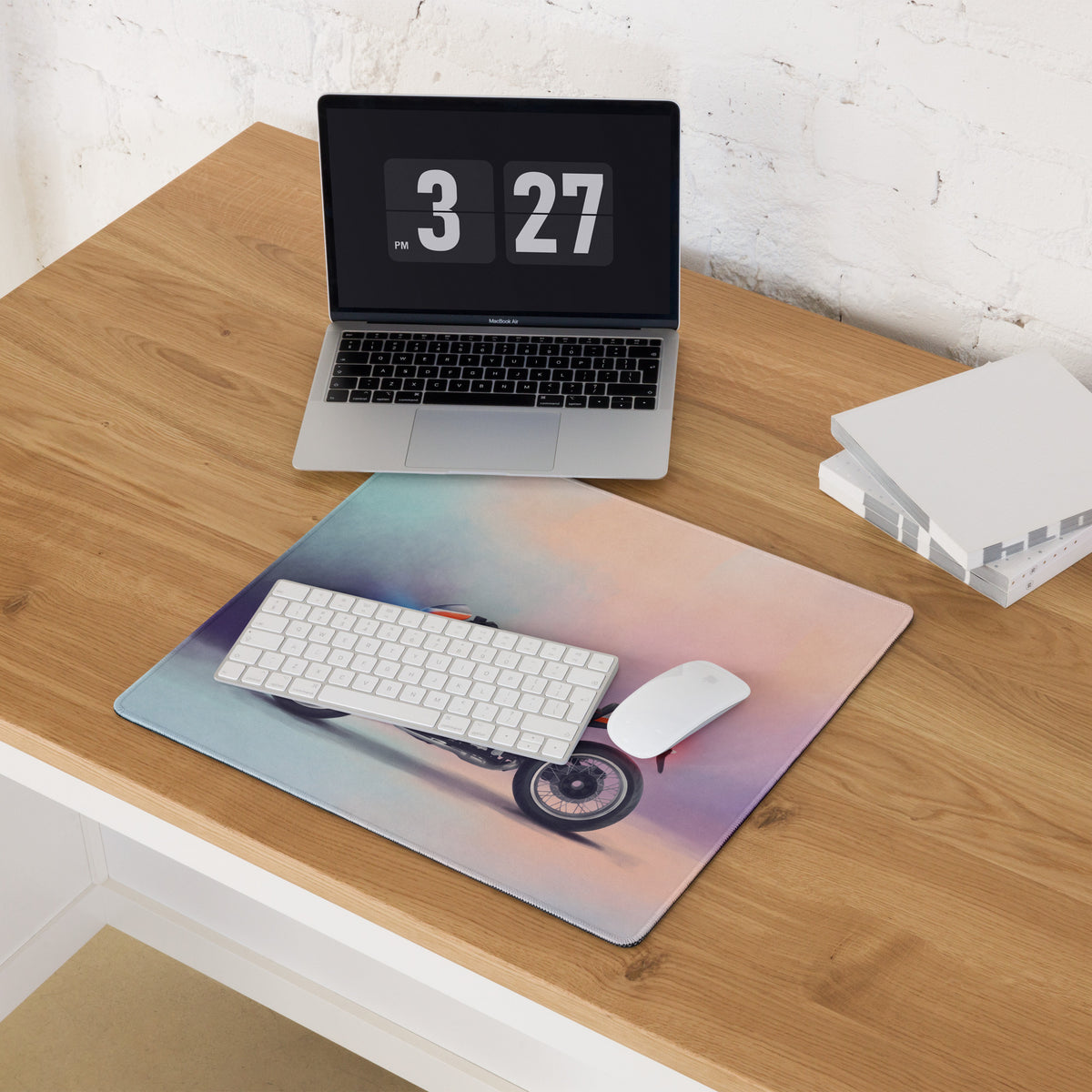 Rectangular bmw r nine t inspired mouse pad with vibrant gradient background and motorcycle image in motion