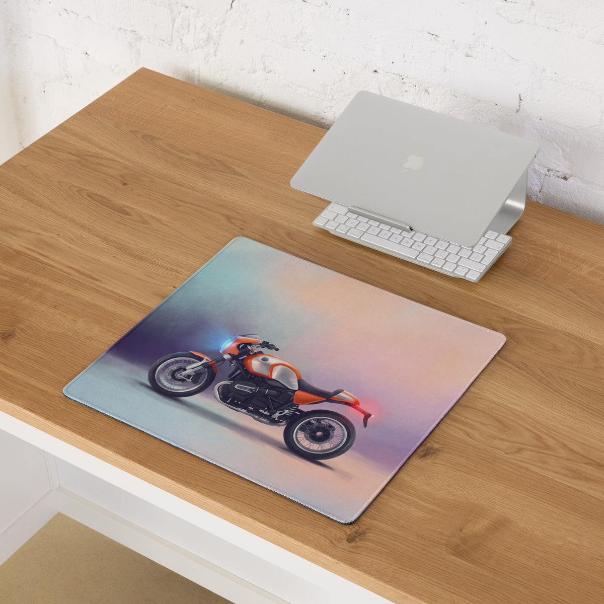 Rectangular bmw r ninet inspired mouse pad with vibrant orange and white motorcycle illustration and smooth stitched edges