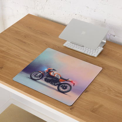 Rectangular bmw r ninet inspired mouse pad with vibrant orange and white motorcycle illustration and smooth stitched edges