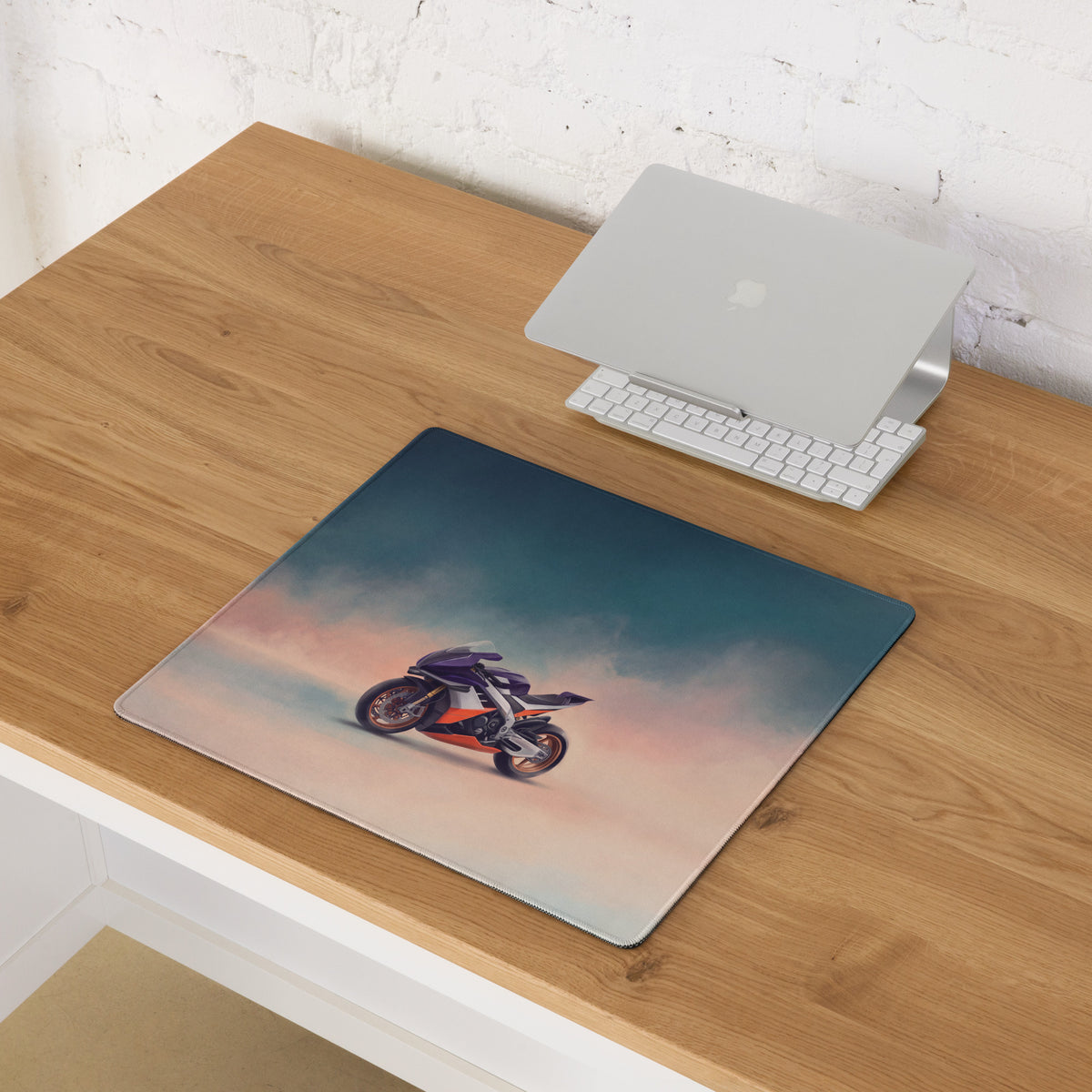 Rectangular aprilia RSV4 Xtrenta inspired large mouse pad with vibrant orange and purple motorcycle graphic and stitched edges