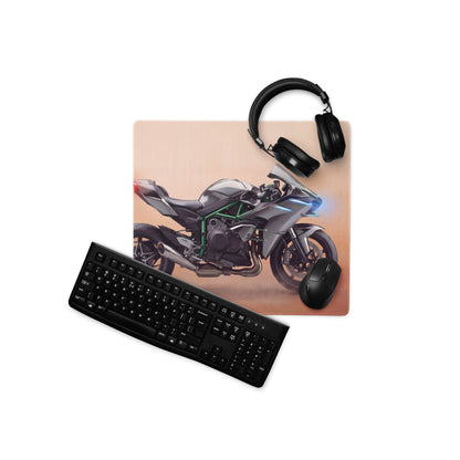 Kawasaki Ninja H2 Inspired Extended Desk Mat, Supercharged Hyperbike Office Decor, Stitched Edges