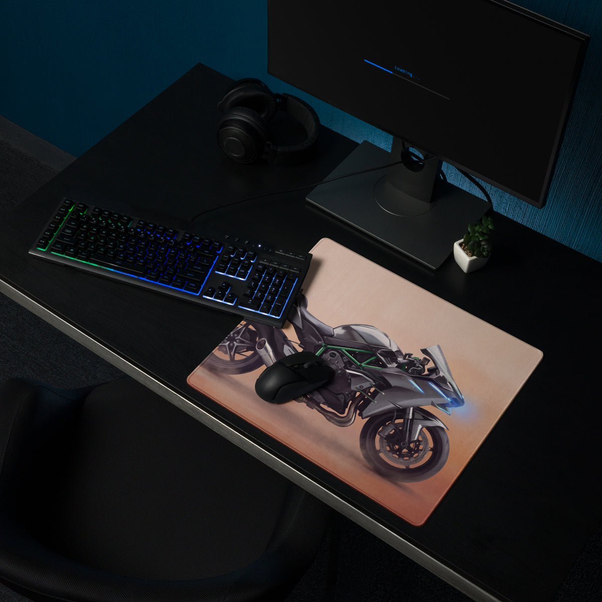 Kawasaki Ninja H2 Inspired Extended Desk Mat, Supercharged Hyperbike Office Decor, Stitched Edges