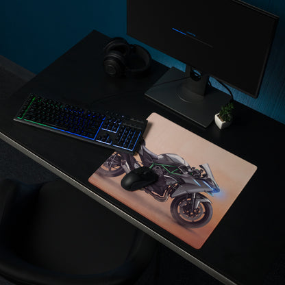 Kawasaki Ninja H2 Inspired Extended Desk Mat, Supercharged Hyperbike Office Decor, Stitched Edges