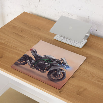 Kawasaki Ninja H2 Inspired Extended Desk Mat, Supercharged Hyperbike Office Decor, Stitched Edges