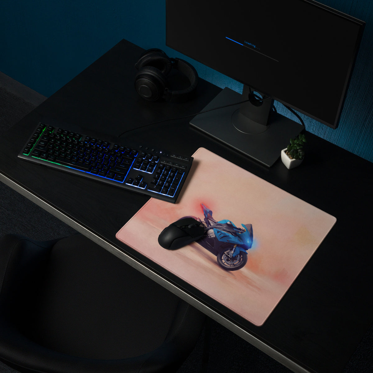 Blue BMW S1000RR inspired large waterproof graphic mousepad featuring a racing motorcycle design for desk use