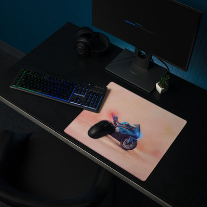 Blue BMW S1000RR inspired large waterproof graphic mousepad featuring a racing motorcycle design for desk use