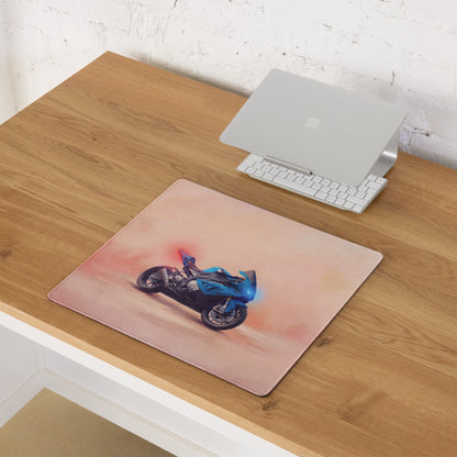 Rectangular waterproof mouse pad featuring a vibrant blue bmw s1000rr motorcycle with red and orange smoke effects on pink