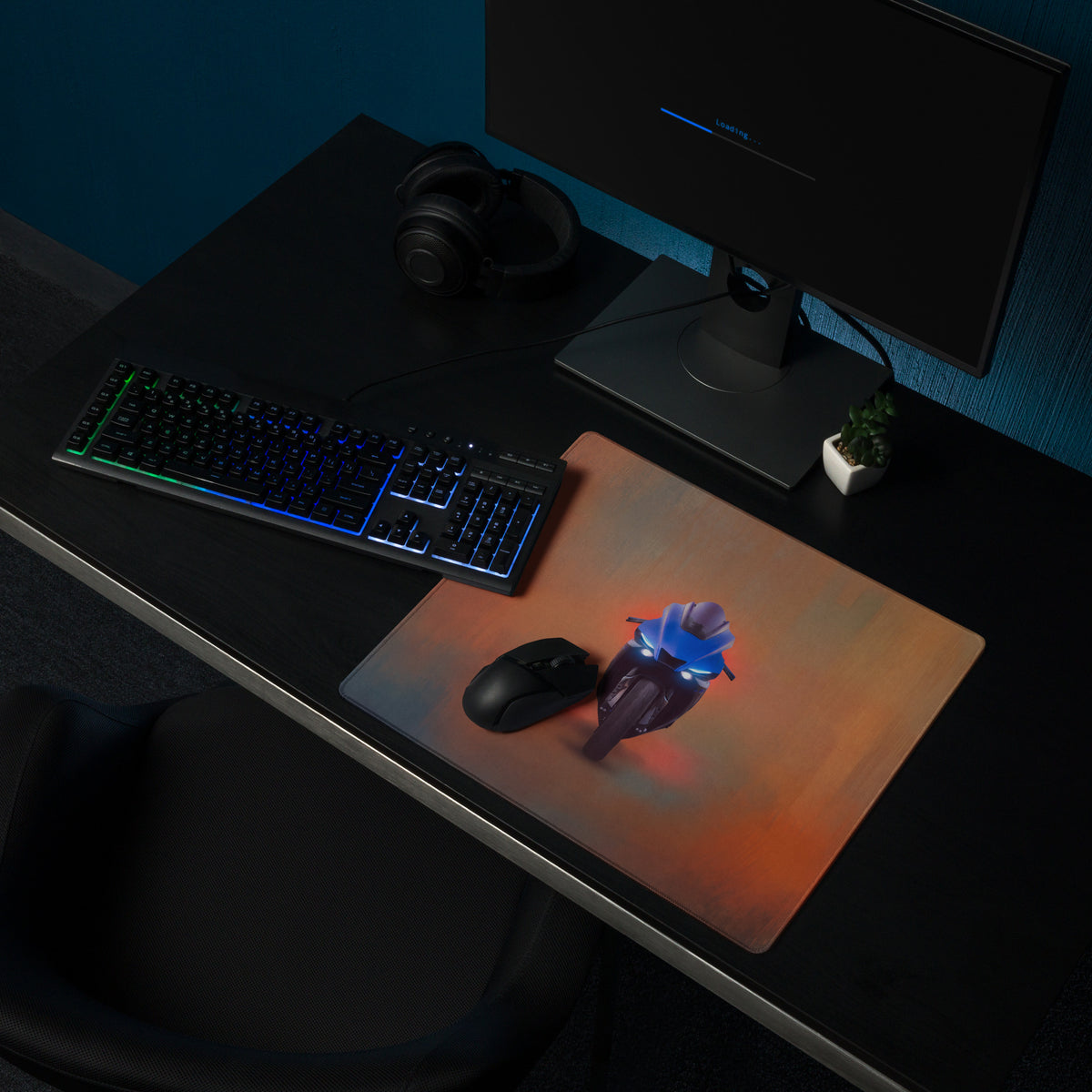 A sleek rectangular yamaha yzf-r1 inspired gaming mousepad with orange blue gradient and illuminated motorcycle graphic
