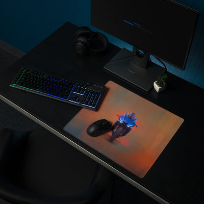 A sleek rectangular yamaha yzf-r1 inspired gaming mousepad with orange blue gradient and illuminated motorcycle graphic