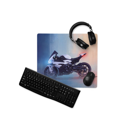 Bmw s1000rr inspired premium gaming mousepad with black and white motorcycle graphic and glowing blue and red accents