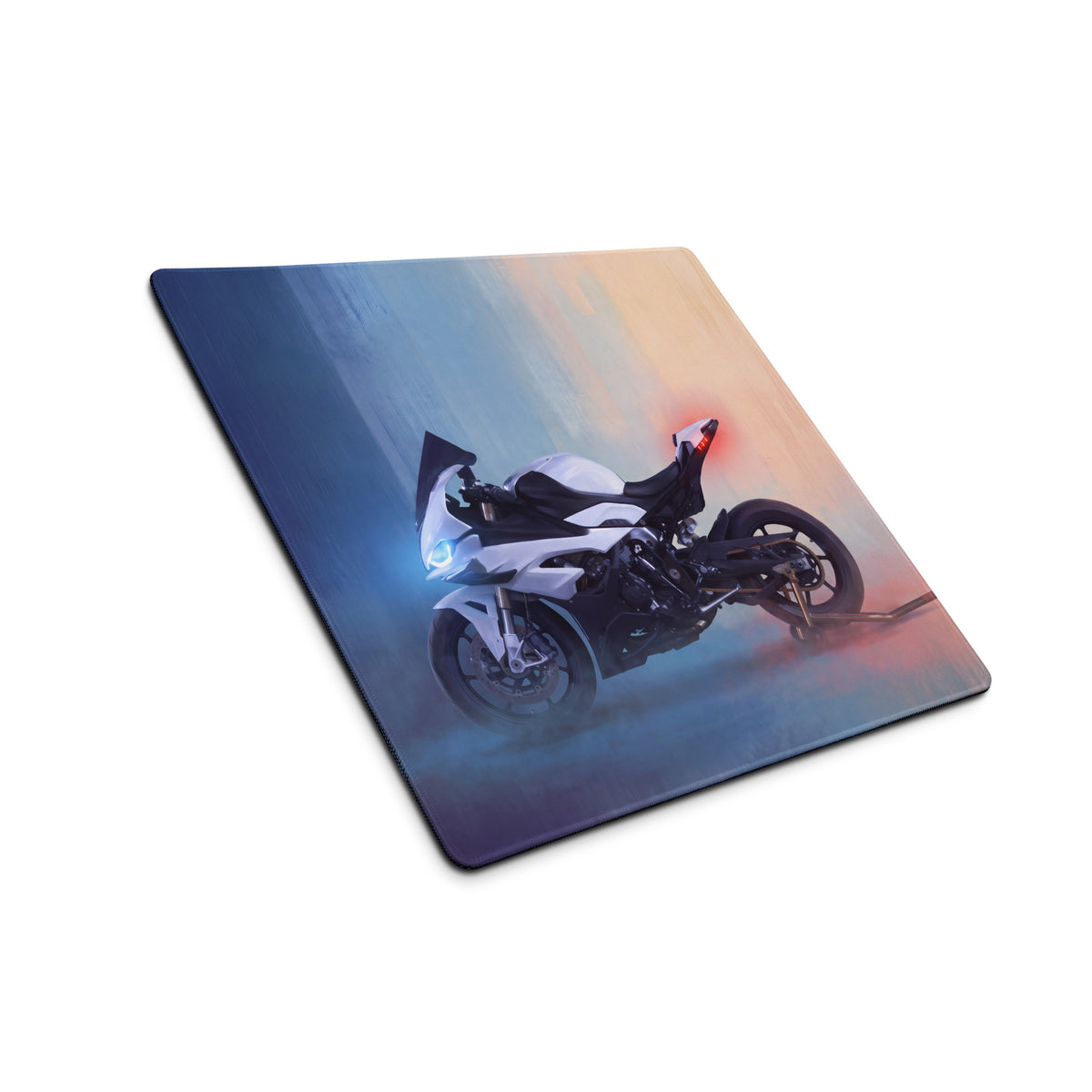 Bmw s1000rr inspired premium gaming mousepad featuring a white and black superbike graphic on a soft blue orange gradient background