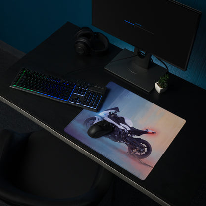 Bmw s1000rr inspired premium gaming mousepad with sleek white and black motorcycle graphic on rectangular desk mat
