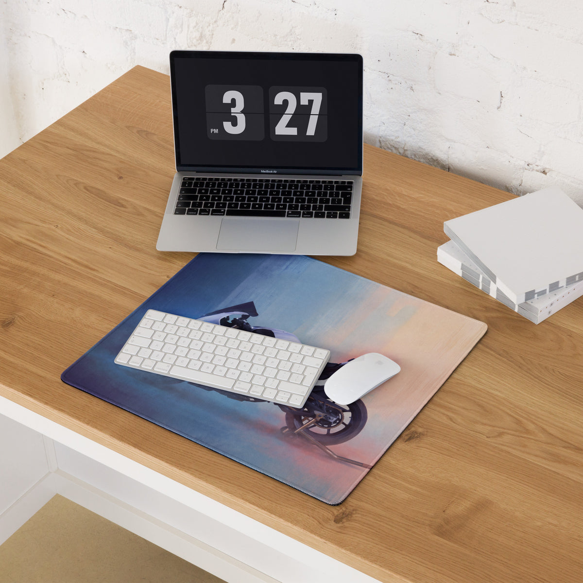 Blue and pink premium gaming mousepad with a sport bike print inspired by bmw s1000rr for desk use