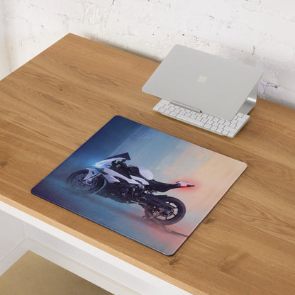 A rectangular premium gaming mousepad with a white and black BMW S1000RR superbike graphic on a gradient sky background