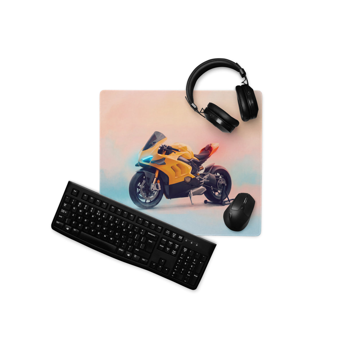 Yellow Ducati Panigale inspired large gaming desk mat with a yellow superbike graphic printed on a rectangular mousepad