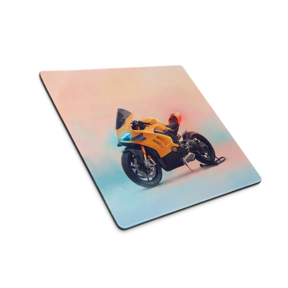 A ducati panigale inspired large gaming desk mat featuring a yellow and black motorcycle with glowing blue headlights